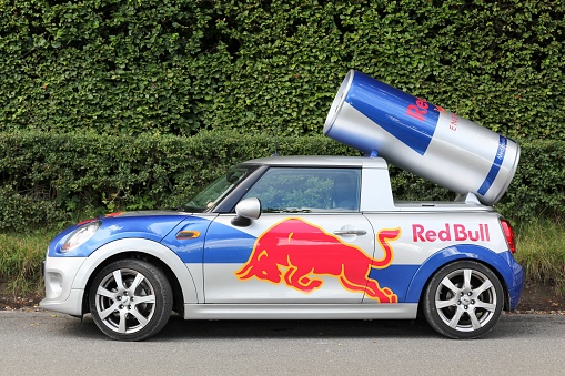 Aarhus, Denmark - August 19, 2017: Red Bull advertising Mini Cooper car in Denmark