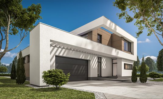 3d rendering of modern luxury house with lawn garden, and concrete floor.