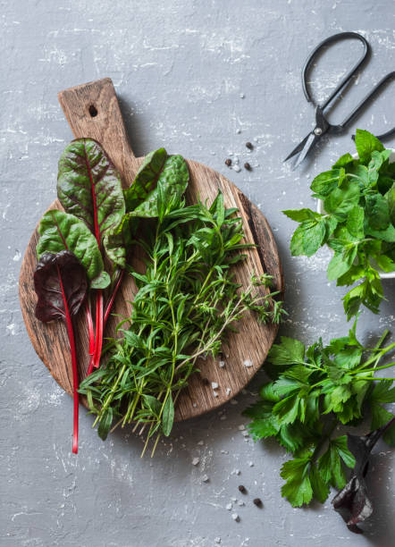 istock Fresh garden herbs - tarragon, chard, mint, celery, spinach, thyme on a gray background, top view. Flat lay 840635132