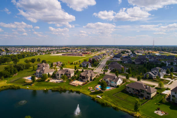 Aerial image residential rural neighborhood in Bettendorf Iowa Aerial image of single family homes in Bettendorf Iowa USA iowa stock pictures, royalty-free photos & images