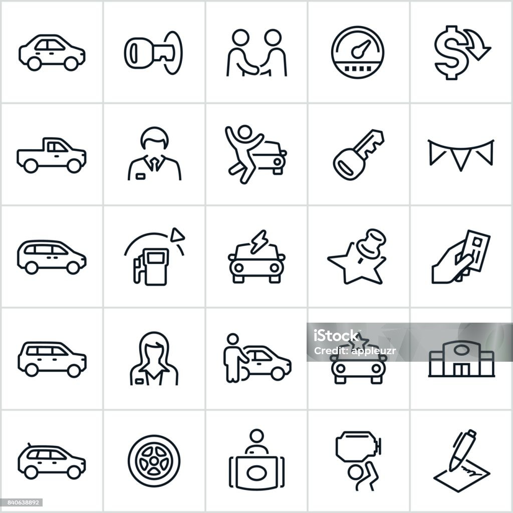 Car Dealership Icons A set of auto dealer icons in contour/outline style. The icons consist of different types of cars and include a sedan, truck, SUV and electric car. Also included is a car key, car salesman, odometer, car dealership, car repair and contract to name a few. Icon Symbol stock vector