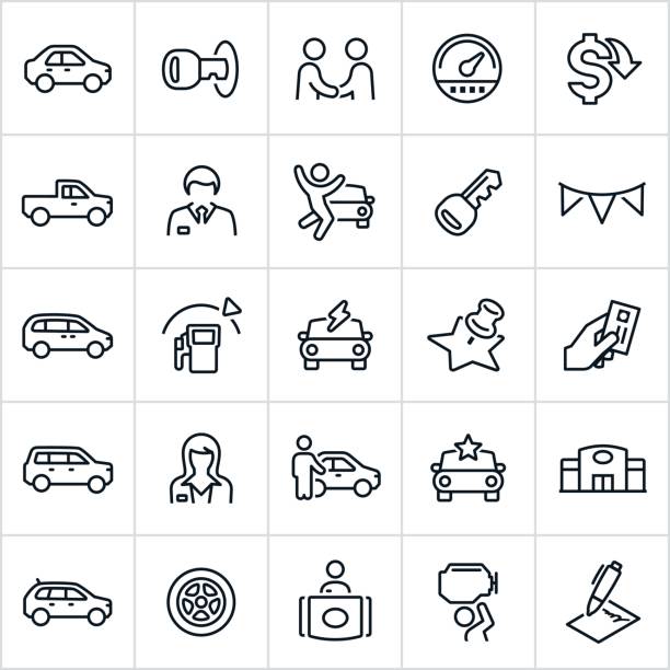 Car Dealership Icons A set of auto dealer icons in contour/outline style. The icons consist of different types of cars and include a sedan, truck, SUV and electric car. Also included is a car key, car salesman, odometer, car dealership, car repair and contract to name a few. car sales stock illustrations