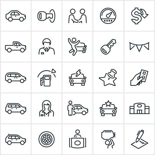 Car Dealership Icons A set of auto dealer icons in contour/outline style. The icons consist of different types of cars and include a sedan, truck, SUV and electric car. Also included is a car key, car salesman, odometer, car dealership, car repair and contract to name a few. ford truck black stock illustrations