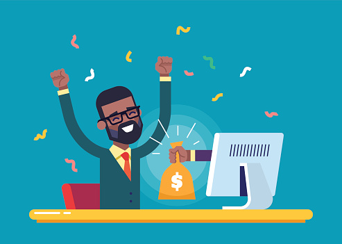 The hand from the monitor stretches a bag of money to a happy black man. Concept of earnings on the Internet, online income, gambling. Modern vector illustration.