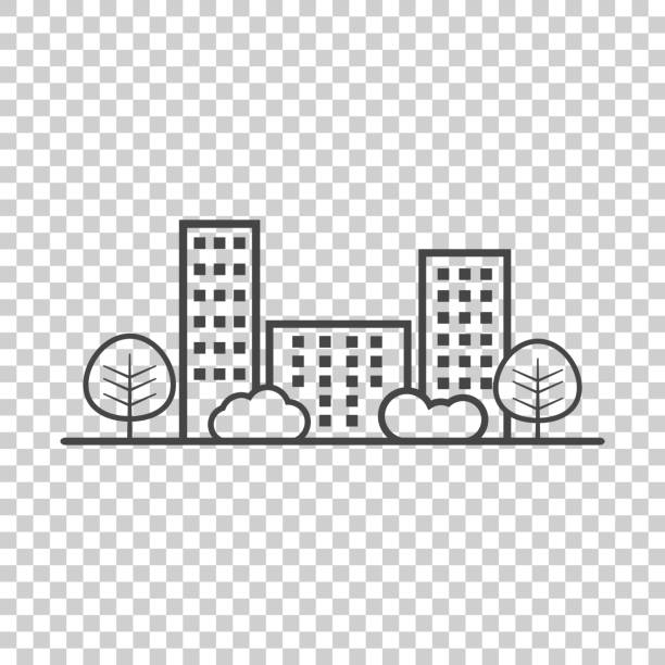 ilustrações de stock, clip art, desenhos animados e ícones de vector city illustration in flat style. building, tree and shrub on isolated background - 2779