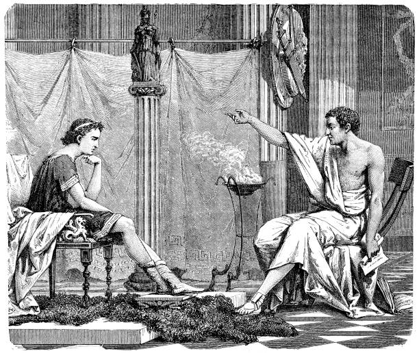 Aristotle Teaches Alexander The Great Illustration of a Aristotle And Alexander aristotle stock illustrations