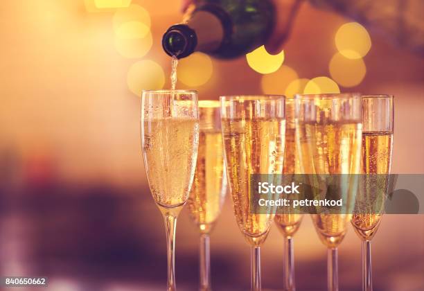 Champagne Glasses On Gold Background Party Concept Stock Photo - Download Image Now