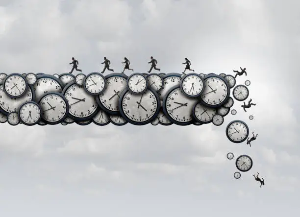 Working overtime health risk and work exhaustion symbol as business people running away from falling clock objects as a corporate stress metaphor with 3D illustration elements.