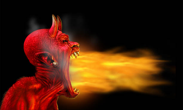 Satan Flames On Black Satan flames on a black background as demon fire blaze as a creepy scary red horned satanic beast monster breathing out hot burning torch as a halloween or horror symbol with 3D illustration elements. feirce stock pictures, royalty-free photos & images