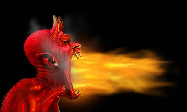 Satan flames on a black background as demon fire blaze as a creepy scary red horned satanic beast monster breathing out hot burning torch as a halloween or horror symbol with 3D illustration elements.