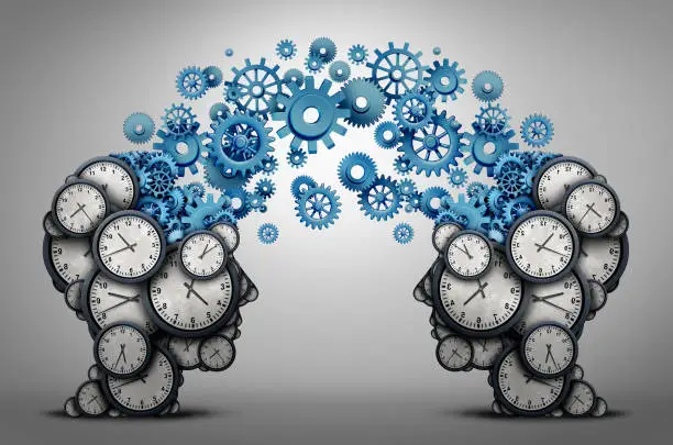 Business time planning partnership as two people heads made of clock cog and gear objects linked together as an organizing a meeting and schedule symbol as a 3D illustration.