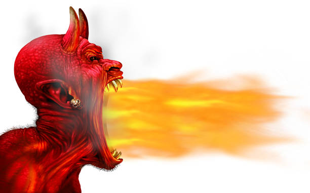 Demon Fire Flame Demon fire flame on a white background as a creepy scary red horned satanic beast monster breathing out hot flames as a halloween or horror symbol with 3D illustration elements. feirce stock pictures, royalty-free photos & images