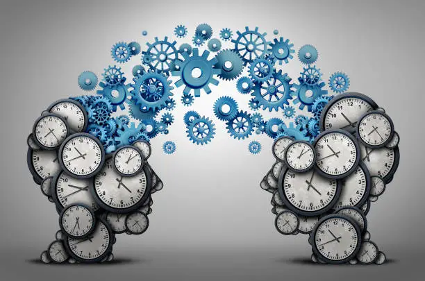 Business time planning partnership as two people heads made of clock cog and gear objects linked together as an organizing a meeting and schedule symbol as a 3D illustration.