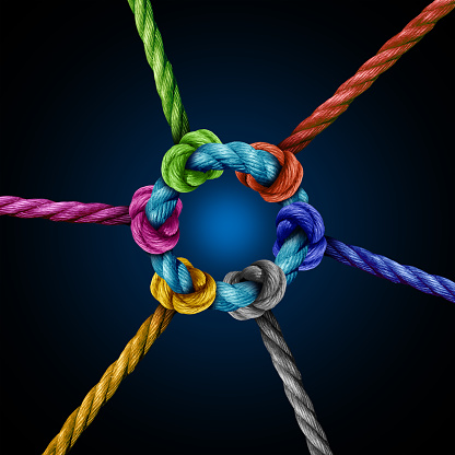Center network connection business concept as a group of diverse ropes connected to a central circle rope as a network metaphor for connectivity and linking to a centralized support structure.