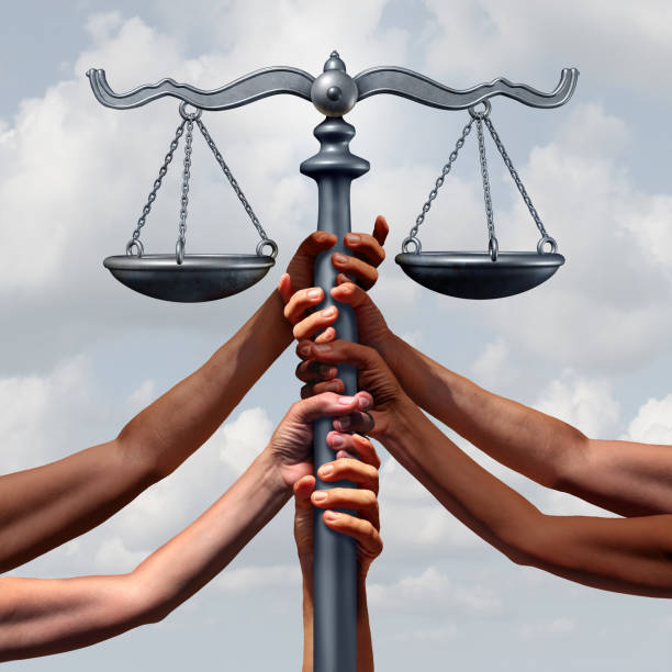 Community Justice And Law Community lawyer services and law and immigration or refugee legislation and legal status as a group of people holding up a justice scale together with 3D illustration elements. social justice concept stock pictures, royalty-free photos & images
