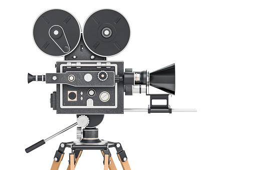 Old movie camera, side view. 3D rendering isolated on white background