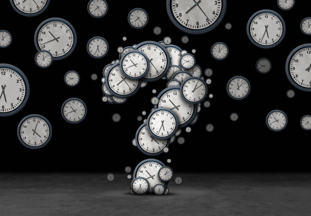 Question Time Concept Time questions concept as a group of floating clocks and timepieces shaped as a question mark as a metaphor for deadline or business schedule confusion or corporate appointment information as a 3D illustration on black. quiz time stock pictures, royalty-free photos & images