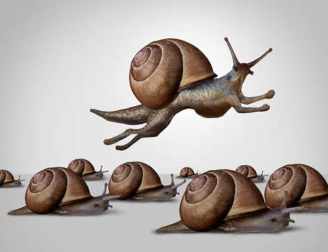 Concept of change and changing to better compete as a group of slow racing snails with one individual fast leader snail with running limbs as a business idea of innovation in a 3D illustration style.
