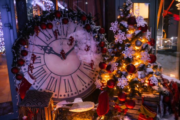 istock Christmas background with illuminated fir tree and fireplace, clock at house 840666210