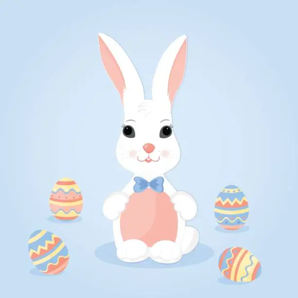 Vector illustration of Easter Bunny with pink ears in a blue bow and paschal eggs