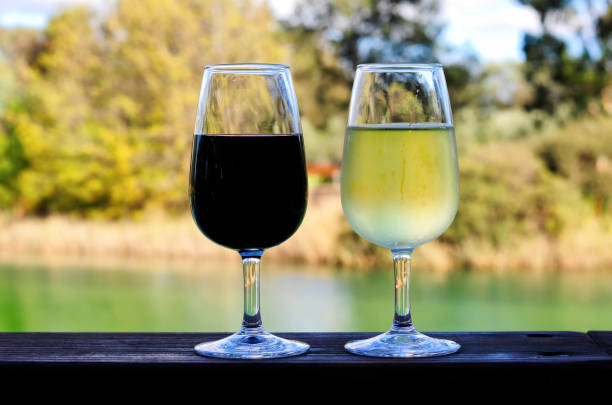 due bicchieri di vino rosso e bianco su rotaia di legno - barossa valley foto e immagini stock