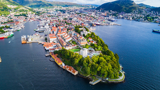 Bergen old town aerial view. Bergen, Norway.