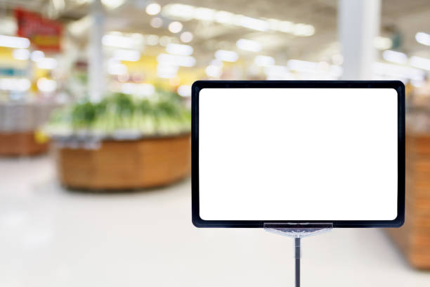 Blank price board with fresh food in supermarket Blank price board with fresh food in supermarket abstract blurred background with bokeh light fruit cart vendor stock pictures, royalty-free photos & images