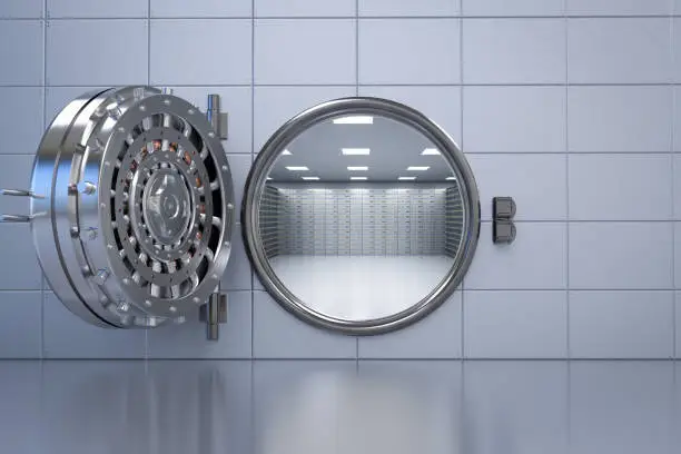 3d rendering bank vault opened with deposit boxes inside