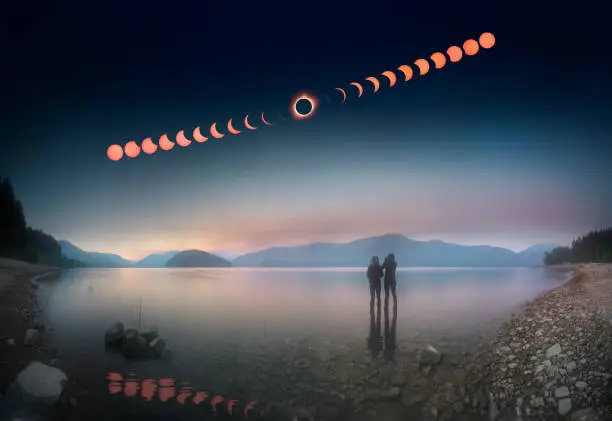 Photo of Woman and girl standing in lake watching solar eclipse