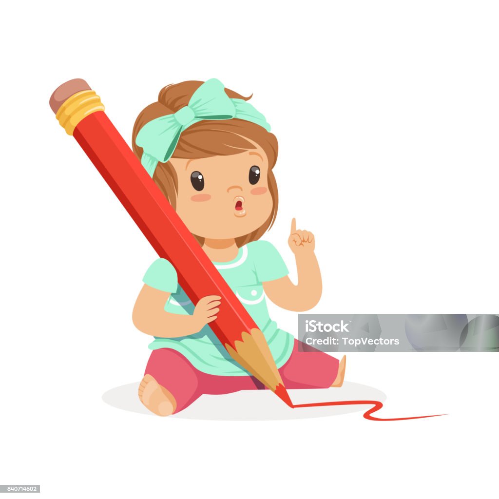 Cô Bé Dễ Thương Ngồi Trên Sàn Nhà Và Viết Với Một Vector Hoạt Hình ...