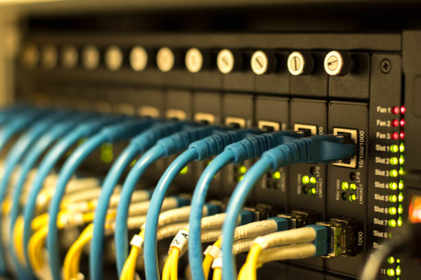 ネットワーク スイッチおよびケーブルは暖かい色です。 - network connection plug network server computer cable wireless technology ストックフォトと画像