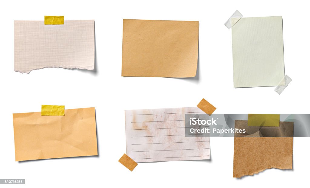 note paper piece label vintage grunge tape collection of  various vintage note papers on white background. each one is shot separately Paper Stock Photo