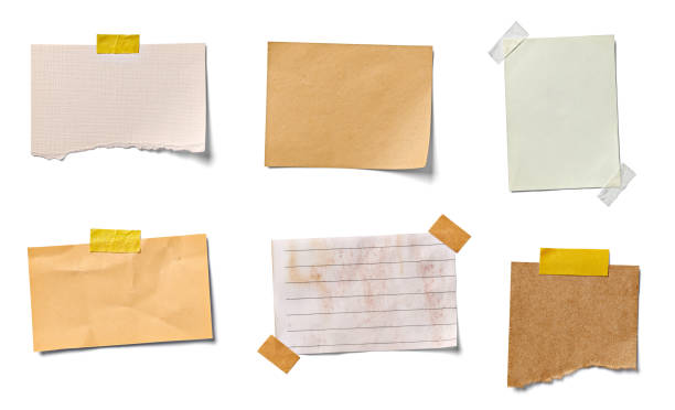 note paper piece label vintage grunge tape collection of  various vintage note papers on white background. each one is shot separately scotch tape stock pictures, royalty-free photos & images