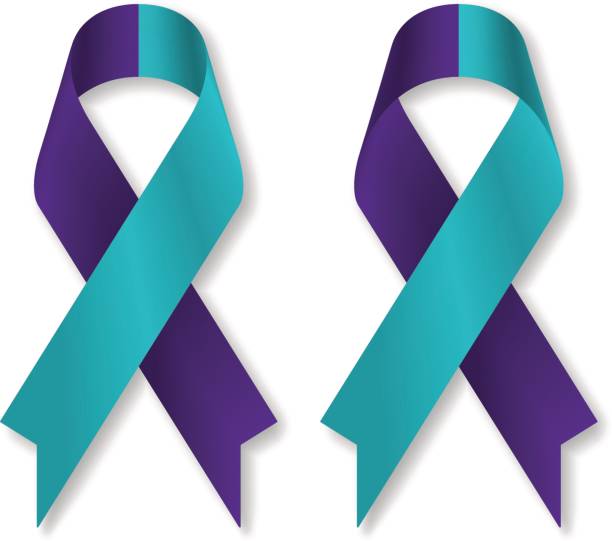 Teal purple ribbon for suicide prevention / awareness, isolated on white background, front and back view, a vector illustration. Teal purple ribbon for suicide prevention / awareness, isolated on white background, front and back view, a vector illustration. suicide stock illustrations