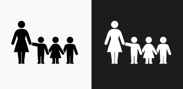 Teacher and Students Icon on Black and White Vector Backgrounds Teacher and Students Icon on Black and White Vector Backgrounds. This vector illustration includes two variations of the icon one in black on a light background on the left and another version in white on a dark background positioned on the right. The vector icon is simple yet elegant and can be used in a variety of ways including website or mobile application icon. This royalty free image is 100% vector based and all design elements can be scaled to any size. children holding hands icon stock illustrations