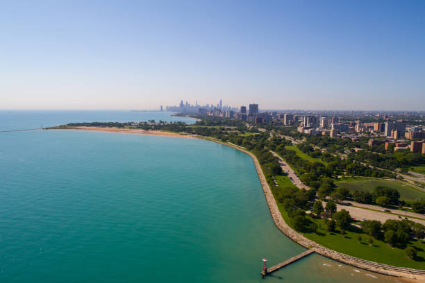 istock Drone aerial image Chicago beach lake michigan 840719072