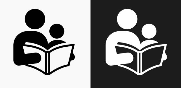 ilustraciones, imágenes clip art, dibujos animados e iconos de stock de lectura y el icono de los niños en blanco y negro vector fondos - icono niño leyendo