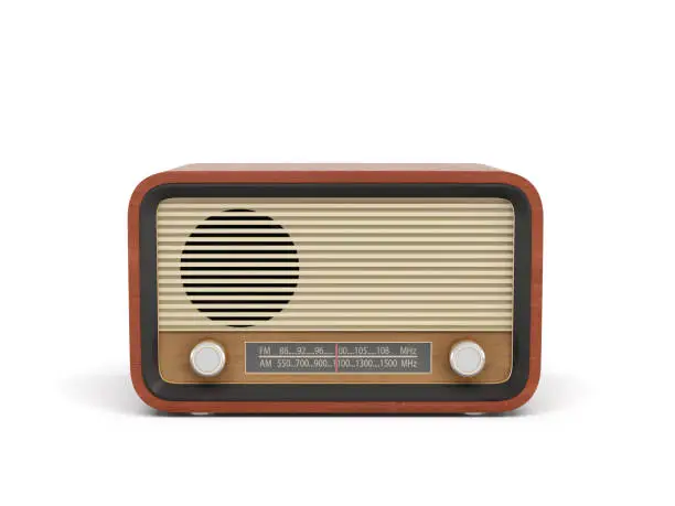 Photo of 3d rendering of a brown rounded retro style radio receiver with an analogue tuner