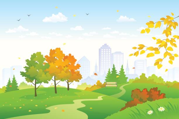 Cartoon autumn park Vector cartoon drawing of a colorful autumn city park cityscape clipart stock illustrations