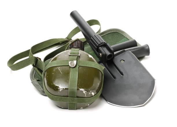 istock Folding shovel for camping and Kettle, Military, Travel,   white background 840726466