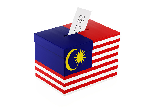 Ballot box textured with  Malaysian Flag. Isolated on white background. A vote envelope is entering into the ballot box. Horizontal composition with copy space. Great use for referendum and 2018 presidential elections related concepts. Clipping path is included.