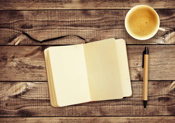 istock Top view on wooden desk with notepad, pen and cup of coffee 840729954