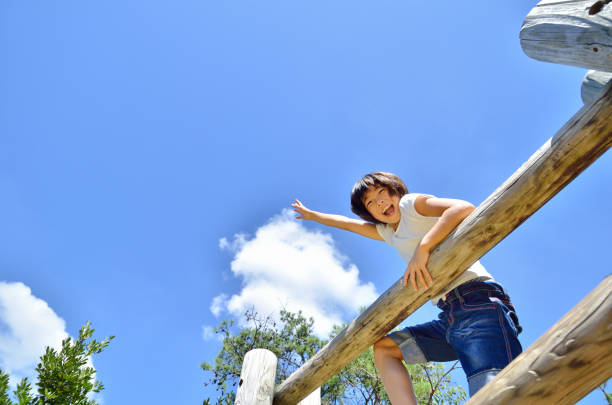 Child hanging upside down on a tree branch in summer