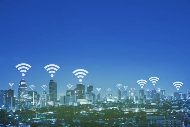istock Wifi network connection concept above cityscape background. 840746488