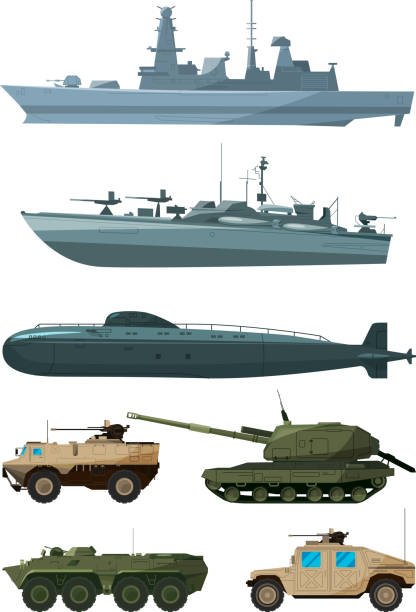 illustrations, cliparts, dessins animés et icônes de forces de navires de guerre et des véhicules blindés de la terre. soutien de l’avion de transport militaire - submarine navy usa military