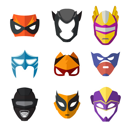 Different superheroes masks for kids. Vector illustrations in flat style. Superhero coolored mask costume collection