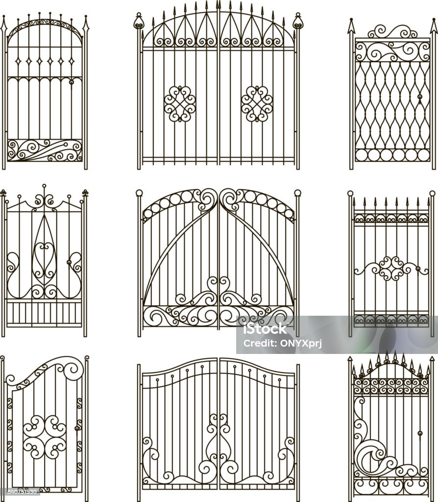 Iron gates with decorative elements. Vector monochrome pictures set Iron gates with decorative elements. Vector monochrome pictures set. Fence and gate wrought silhouette, elegance collection fence border illustration Gate stock vector