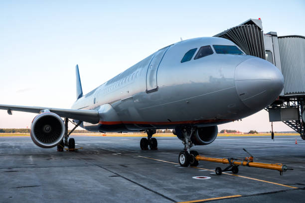 istock Passenger airplane parked to a jetway 840754070