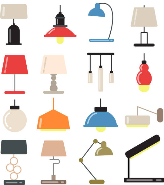 illustrazioni stock, clip art, cartoni animati e icone di tendenza di lampadari, lampade moderne su scrivania e pavimento in interni leggeri. illustrazioni vettoriali in stile piatto - coprilampada