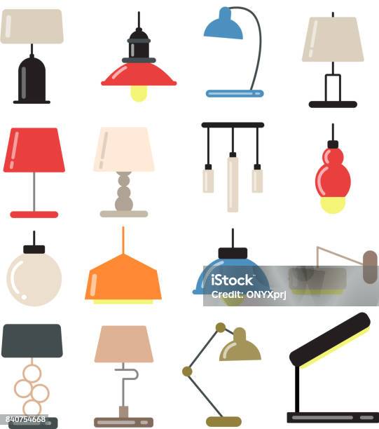 Chandeliers Modern Lamps On Desk And Floor In Light Interior Vector Illustrations In Flat Style Stock Illustration - Download Image Now